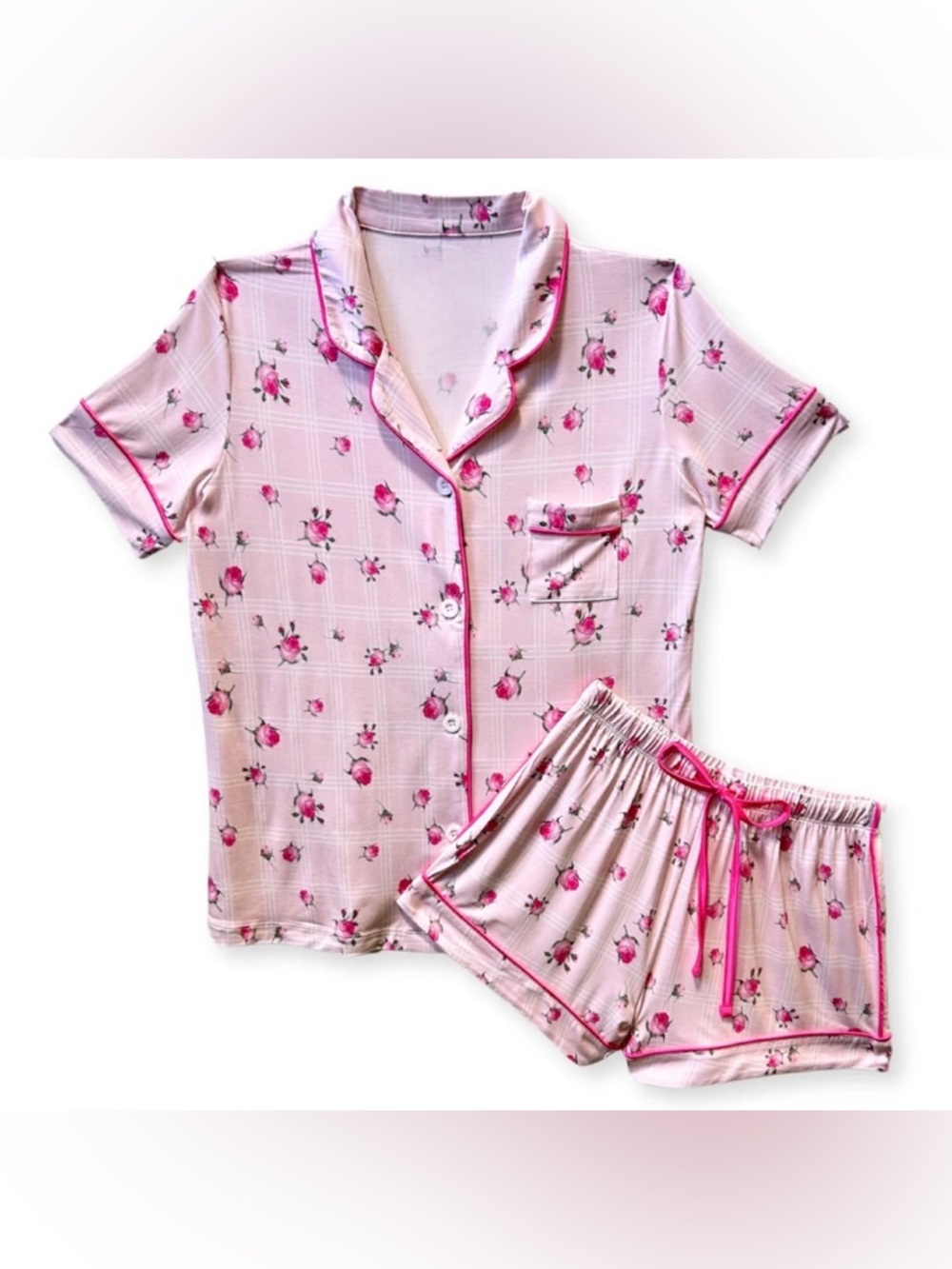 Katie J NYC Pink Floral Short Pajama Set with Hot Pink Piping